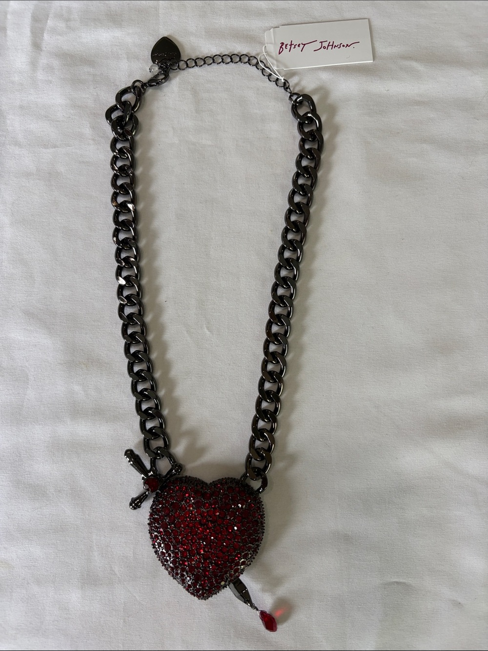 Betsey Johnson Black Hematite Chain Necklace Red Crystal Heart and Dagger NWT